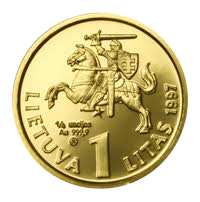 1 lito auksinė moneta, išleista Lietuvos banko ir lito 75-erių metų sukakčiai (1300€)